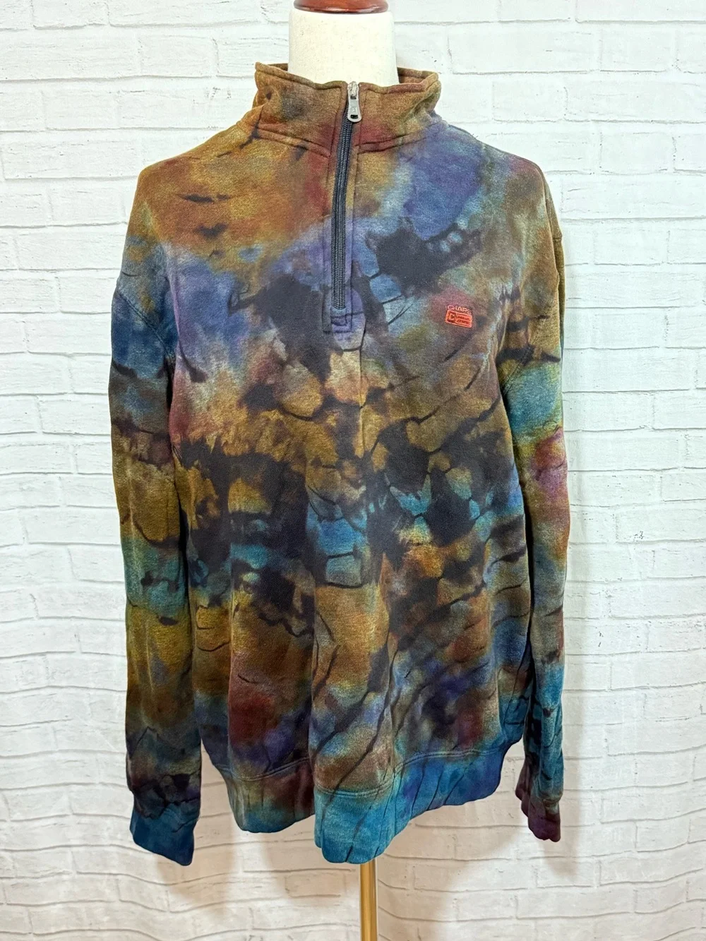 Upcycled Ice Dye Men’s Fleece Pullover, Chaps Brand, Reverse Tie Dye, Large Blue